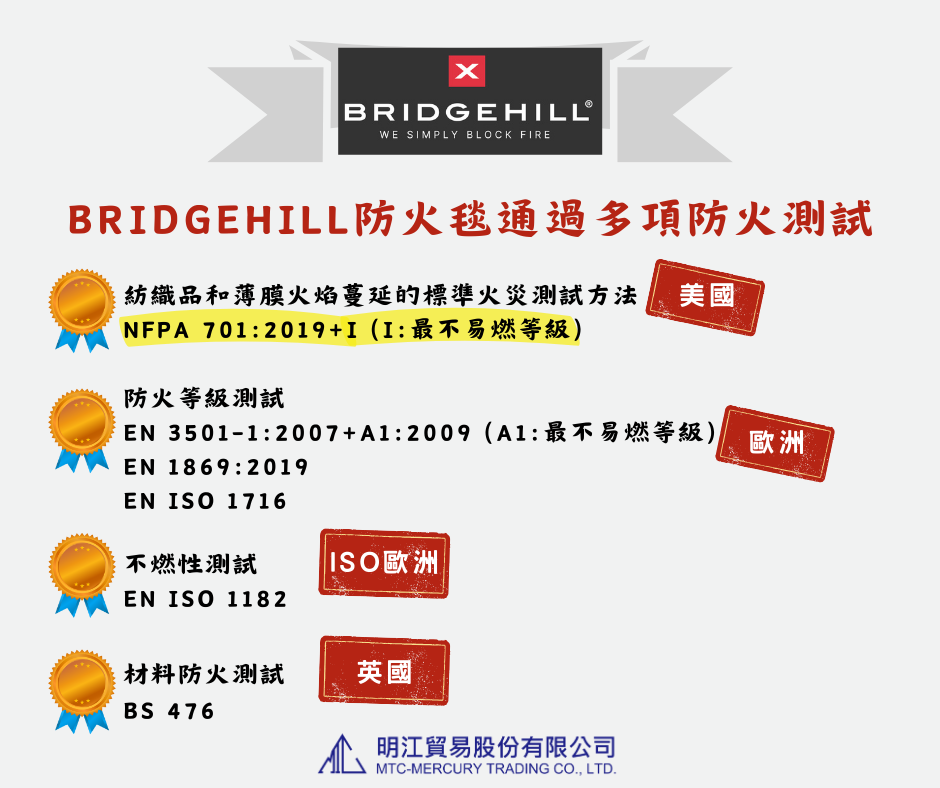 BRIDGEHILL防火毯通過多項認證 BRIDGEHILL防火毯通過多項認證